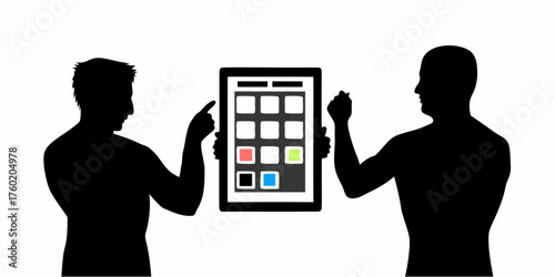 Dynamic mobile application design concept featuring two silhouette designers creating a user interface with interactive color palette on a tablet screen