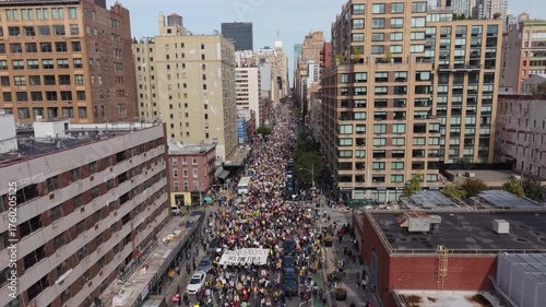 rising shot of No Kings protest in NYC on 10-18-25