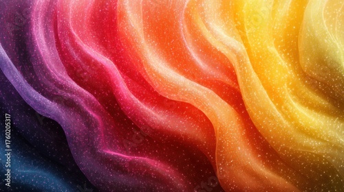 Vibrant rainbow fabric, flowing waves, shimmering texture