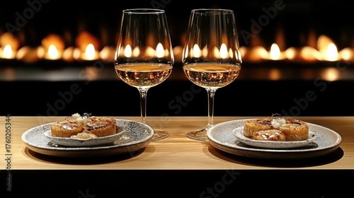 Romantic dinner setting with wine and appetizers. Cozy fireplace background