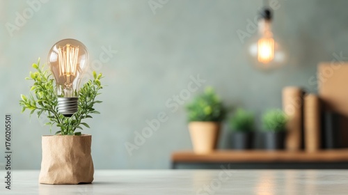Glowing lightbulb planted in small pot with greenery, on desk