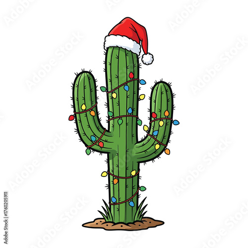 Cactus wearing santa hat and christmas lights