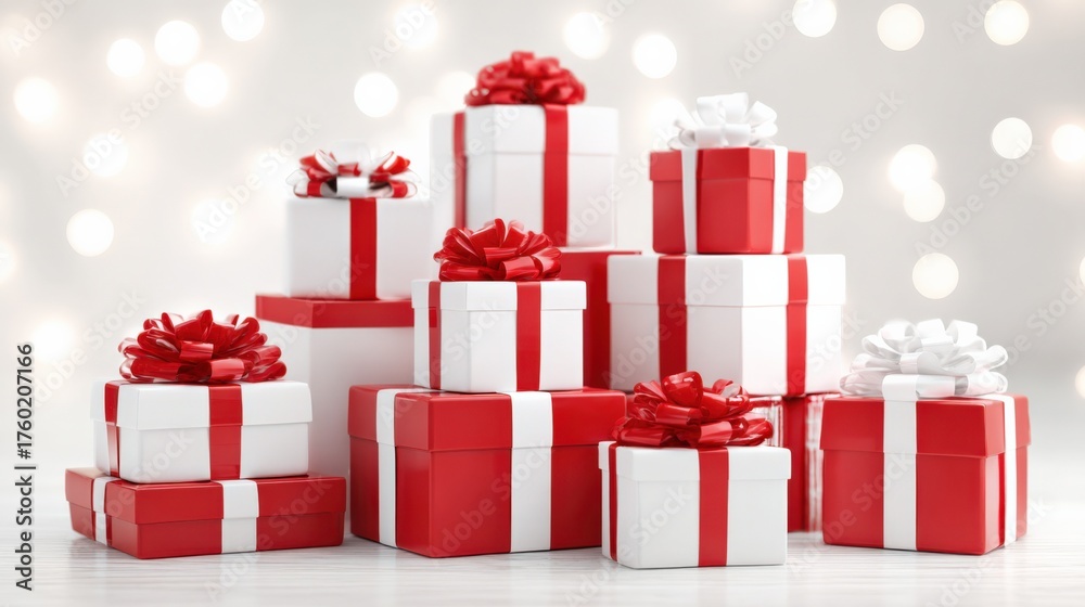 Obraz premium Festive Pile of Christmas Gifts Wrapped in Red and White Ribbons with Bokeh Lights