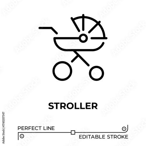 Vector line icon related to stroller. Perfect Line. Editable Stroke.