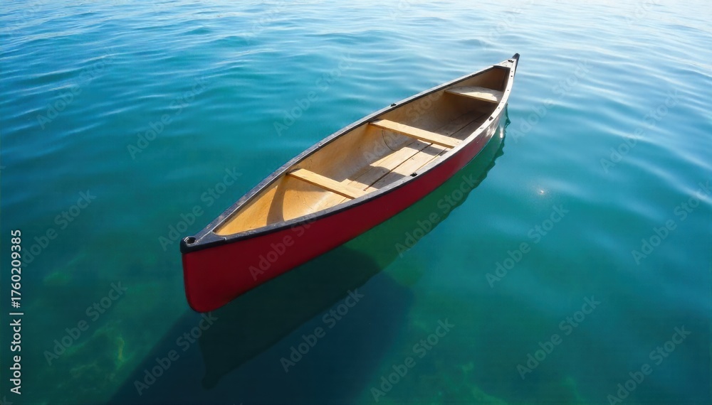 Naklejka premium Close up of a weathered canoe paddle resting in a calm sunset lit lake, water ripples. A close up shot of a single, weathered wooden canoe paddle resting on the surface of a calm lake at sunset.