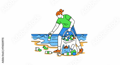 An illustration of a person cleaning up plastic bottles and trash from a sandy beach near the ocean.