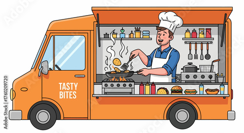A cheerful chef cooks food in an orange 'Tasty Bites' food truck, preparing delicious meals with steam rising from the pan.
