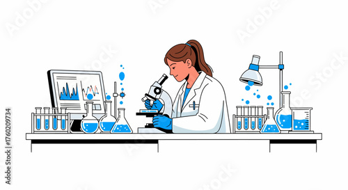 Female scientist conducting research in a laboratory, looking through a microscope with various lab equipment and a computer displaying data.