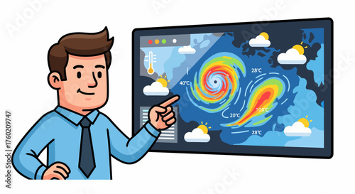 A cartoon meteorologist presenting a detailed weather map showing a hurricane, temperatures, and cloud forecasts on a large screen.