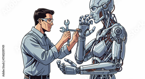 A man in safety glasses uses a wrench to repair or maintain a complex humanoid robot, symbolizing human-robot interaction and technological advancement.