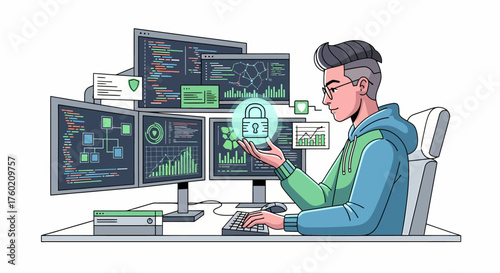 A young man working on multiple computer screens, holding a glowing padlock icon, symbolizing cybersecurity and data protection.