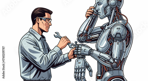 A man in safety glasses uses a wrench to repair or assemble the hand of a humanoid robot, illustrating human-robot interaction and maintenance.