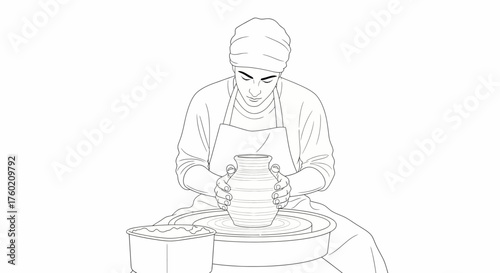A detailed line drawing of a person shaping a clay pot on a pottery wheel, engaged in the craft of ceramics.