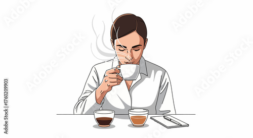 An illustration of a person in a white shirt tasting a hot beverage from a cup, with two glasses of drinks and a smartphone on the table.
