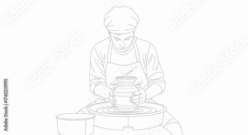 Line drawing of a person shaping clay on a pottery wheel, creating a ceramic pot in a creative workshop setting.
