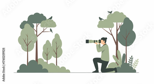 A person kneeling and using a telephoto lens camera to photograph birds in a natural forest environment.