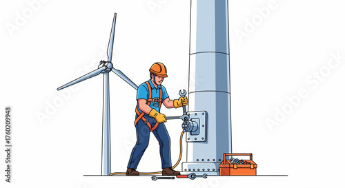 A skilled technician performs maintenance on the base of a large wind turbine, ensuring its operational efficiency and contributing to renewable energy.