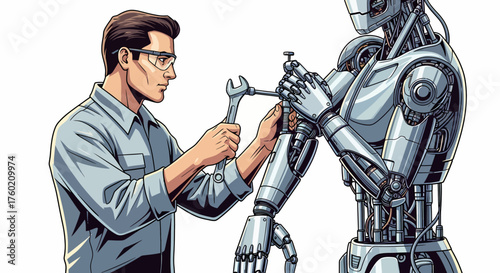 A man in safety glasses uses a wrench to repair a sophisticated humanoid robot, illustrating maintenance and engineering in technology.