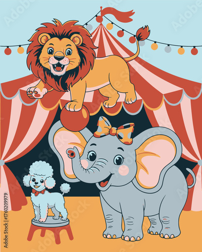 Charming circus animals including lion elephant and poodle perform under big top tent celebration fun