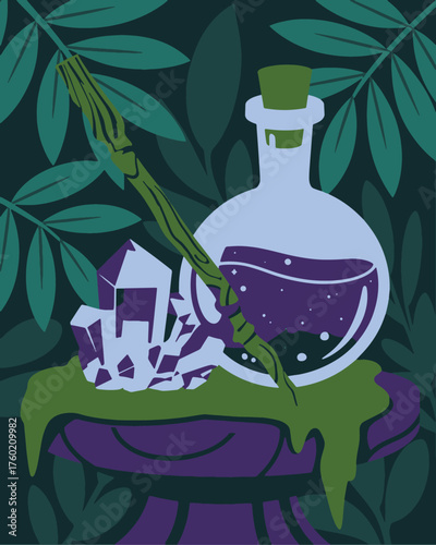 Magical potion elixir crystal wand enchanted forest altar mystical alchemy ritual elements