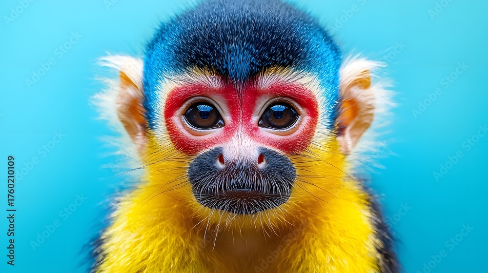 Fototapeta premium Close up portrait of a vibrant Black capped Squirrel Monkey with striking blue red and yellow facial markings against a bright blue background