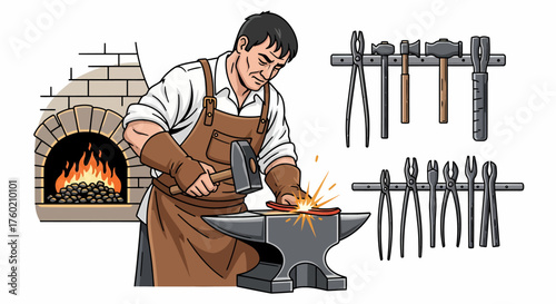 A skilled blacksmith in an apron and gloves hammering a glowing hot metal piece on an anvil, with a fiery forge and various tools in the background.