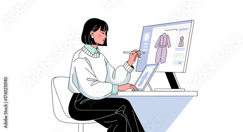 A female fashion designer or digital artist working on clothing designs using a large computer monitor and a stylus at her desk.