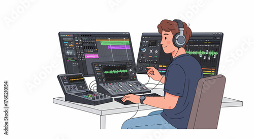 A young man wearing headphones working on music production with multiple screens and audio equipment.