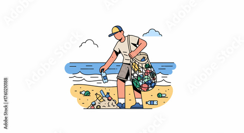 An illustration of a person cleaning up plastic waste and trash from a polluted beach, collecting it in a large mesh bag.