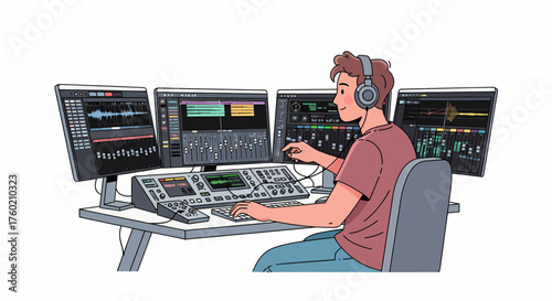 A male audio engineer wearing headphones, working on a multi-monitor setup with a sound mixing console, editing music or audio tracks.