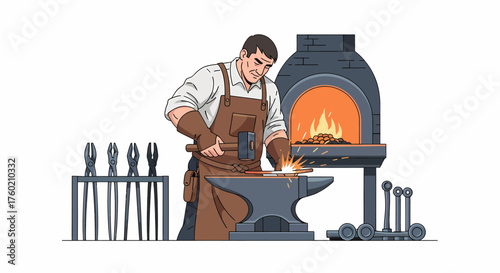 A skilled blacksmith forging metal on an anvil with a hammer, sparks flying from the hot workpiece in a traditional forge.