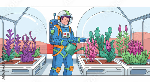 An astronaut in a blue spacesuit waters vibrant alien plants inside a futuristic domed greenhouse on a red planet.