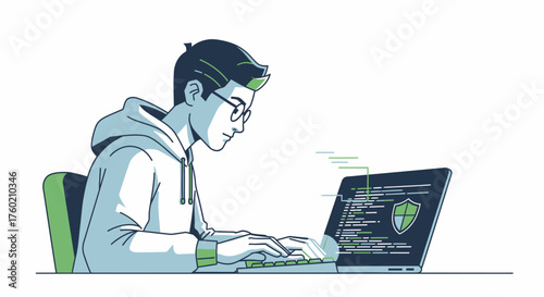 An illustrated young man wearing glasses and a hoodie, focused on typing code on a laptop with a security shield icon on the screen.