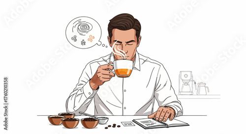 A man in a white shirt is intently smelling a cup of hot coffee, surrounded by coffee beans and cupping bowls, indicating a professional coffee tasting or sensory evaluation session.