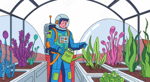 Astronaut in a space suit watering colorful plants inside a futuristic biodome on an alien planet, symbolizing extraterrestrial agriculture.