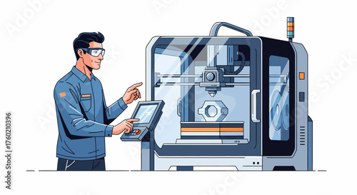 An illustration of a man in safety glasses operating a sophisticated 3D printer or industrial manufacturing machine with a touchscreen interface.