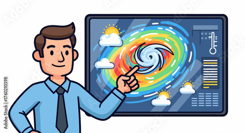 A cartoon meteorologist points at a large screen displaying a colorful weather map with a hurricane, sun, clouds, and a thermometer.