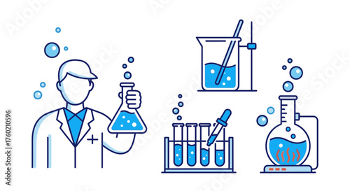 Modern science and research illustration for medical laboratory studies, chemical experiments, scientific discovery, and educational materials in vibrant blue tones