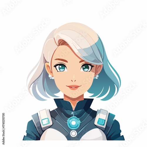 Futuristic woman with pale hair smiling