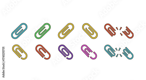 Vibrant paperclip icons in assorted colors showcase connection, organization, and potential for breakage, ideal for business and educational materials