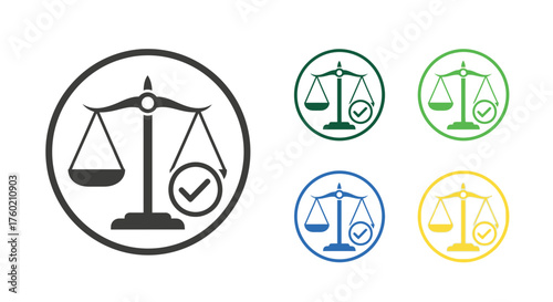 Balanced justice scales with checkmark conveys fairness and compliance, ideal for legal services, ethical business, and regulatory approval in modern design