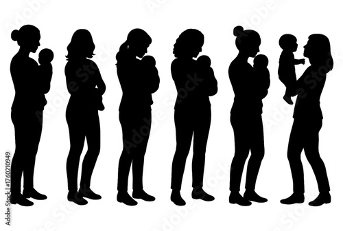 Mother holding baby silhouette collection, a set of women standing with their newborn children