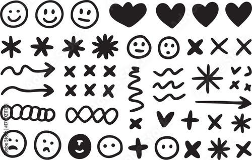 Cute hand drawn icons hearts smiles stars arrows and more