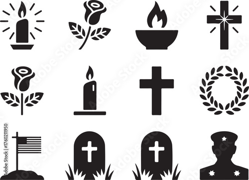 Memorial icons: remembrance, loss, honor, tribute, solemnity