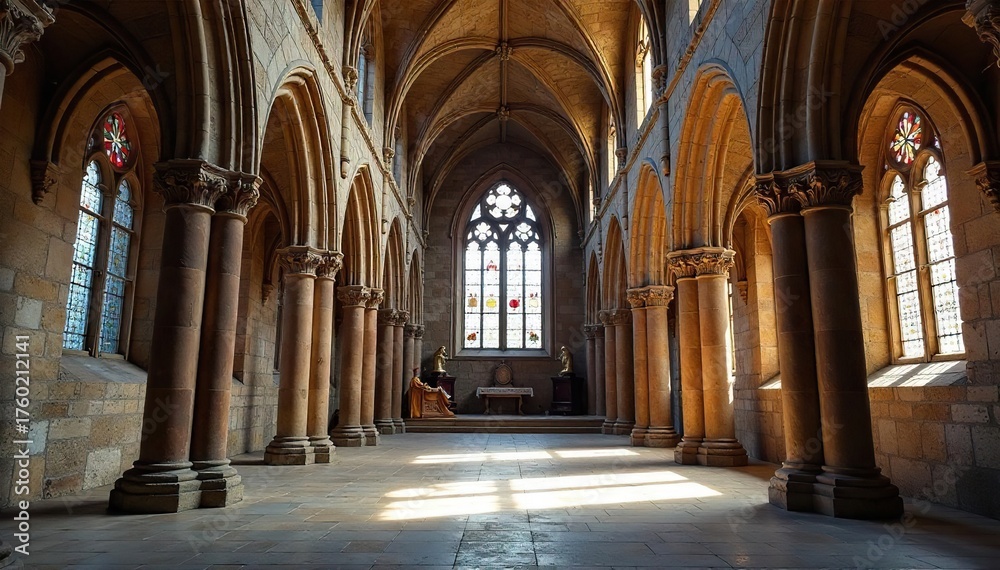 Obraz premium Serene Medieval Church Interior Soaring Arches, Intricate Stone Carvings, and Stained Glass Illuminate a Peaceful Atmosphere of Religious History.