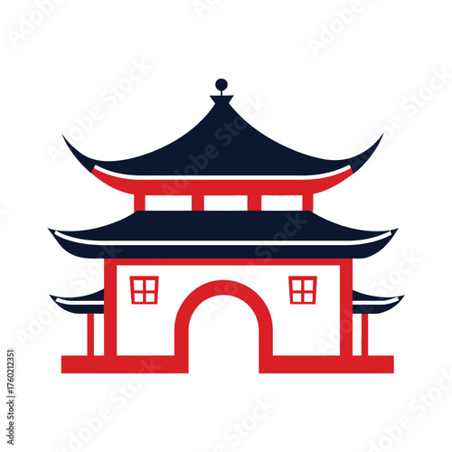 A minimalist chinese temple stands tall with red and navy colors against white background