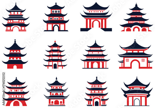 Various oriental pagoda structures in red and black are arranged on the white background