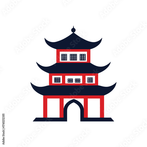 An intricate chinese pagoda building stands against the stark white background