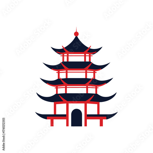 Detailed of a five story red and navy blue chinese pagoda on white background