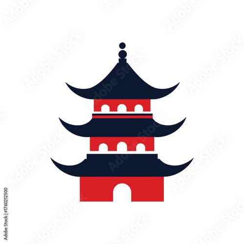 Red and navy pagoda with three stories stands alone on white background